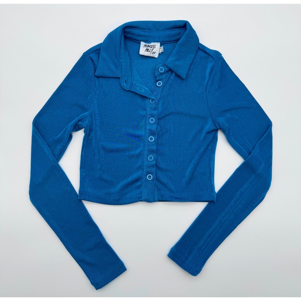 Princess Polly Blue Long Sleeve Cropped Button Up Top Slinky Ribbed Shirt